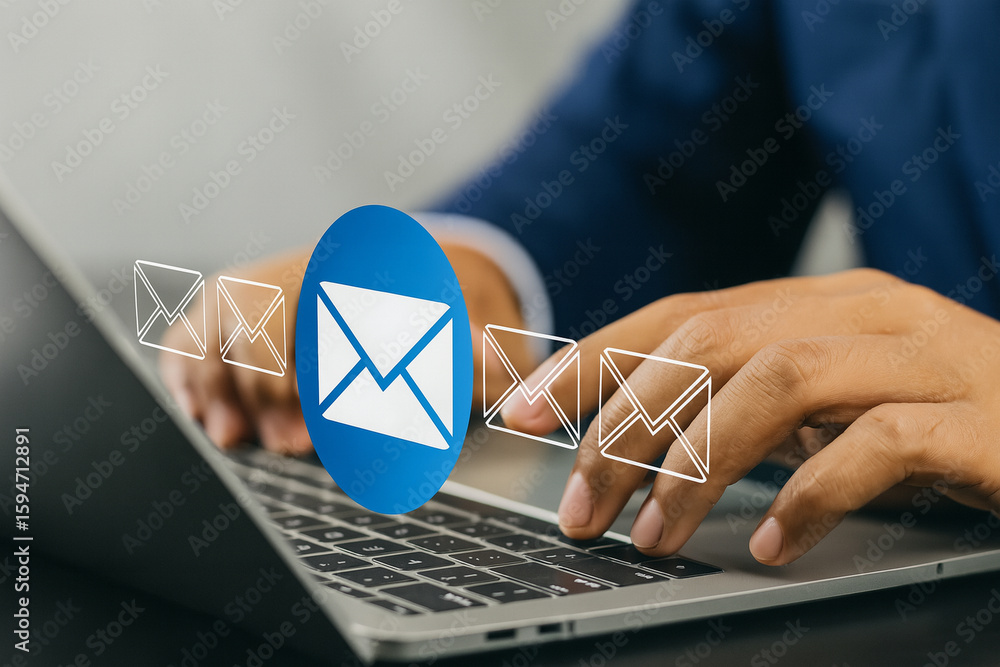 Poster close up of hands sending email through laptop with virtual envelope icons for digital communication