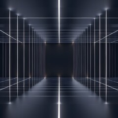 Abstract Dark Grid: Futuristic Neon Lines, Glowing White, Modern Minimalist Design, Technology Background.