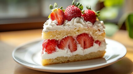 Slice of Strawberry Cream Cake with Fresh Berries on Top