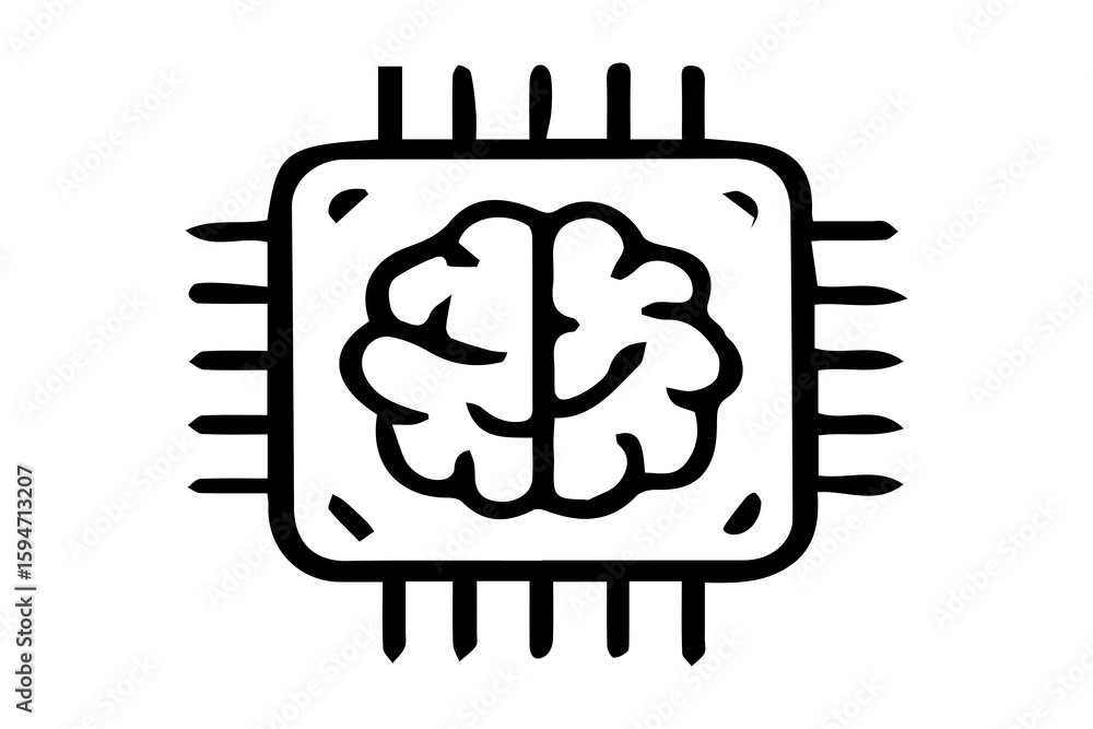 Poster the image shows a black and white line icon of a microchip with a human brain symbol in the center. 