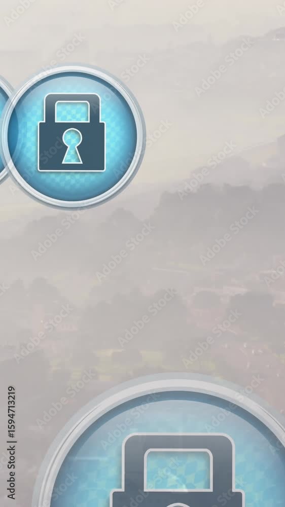 Poster animation of multiple security padlock icon floating against aerial view of cityscape