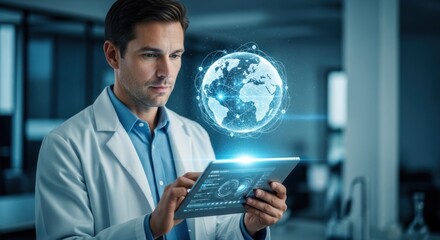 Scientist uses tablet with globe projection