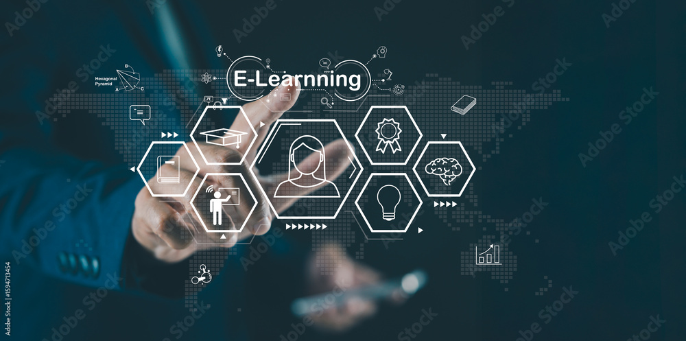 Poster a businessman interacts with a virtual e-learning interface, featuring digital icons related to educ