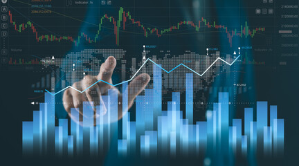 Hand interacting with futuristic digital charts showing stock market data, bar graphs, and global...