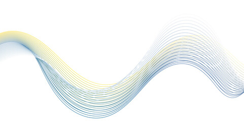 Fototapeta premium A flowing abstract background with dynamic, thin, wavy lines transitioning from yellow to blue against a clean white backdrop, evoking movement and digital flow.