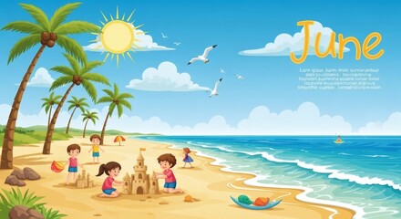 Obraz premium Children joyfully build a sandcastle on a sunny beach, surrounded by palm trees and a vibrant ocean.