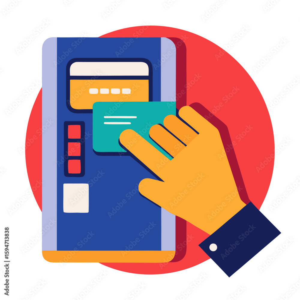 Poster hand inserting a card into an atm machine illustration on a red circular background representing ban