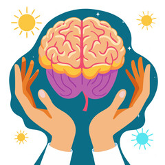 Hands holding a brain illustration surrounded by sun symbols representing knowledge and mental health on a teal background