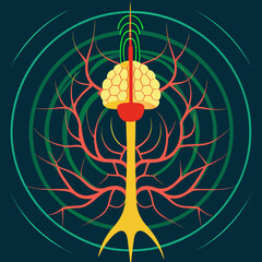 Stylized nerve with a brain and signal waves on a dark background representing neural connections