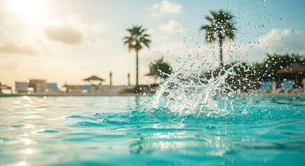 Splashing water in pool with palm trees and sunset in background  