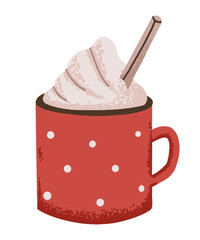 Hot christmas cocoa and coffee drink in red holiday mug with cream and cinnamon. Holiday cozy illustration in flat style