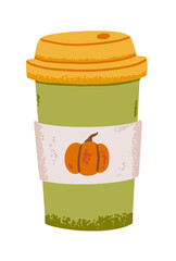 Hot cocoa and coffee drink in autumn paper cup with pumpkin. Fall cozy illustration with lattee in flat style with noise texture
