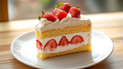 Slice of Strawberry Cream Cake on a White Plate