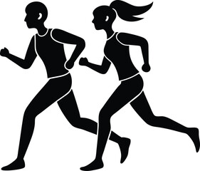 Couple Running Together Outdoors silhouette vector art illustration