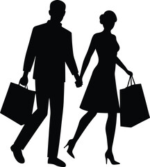 Couple Shopping Hand in Hand silhouette vector art illustration