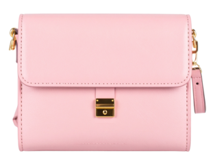 Elegant wrist clutch in pastel pink with golden zip, isolated on a transparent background