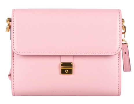 Elegant wrist clutch in pastel pink with golden zip, isolated on a transparent background