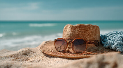 Beach scene with hat sunglasses and blue shawl on the sand near ocean