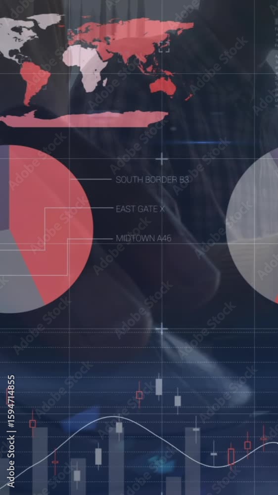 Aufkleber animation of statistical data processing against diverse people working at office