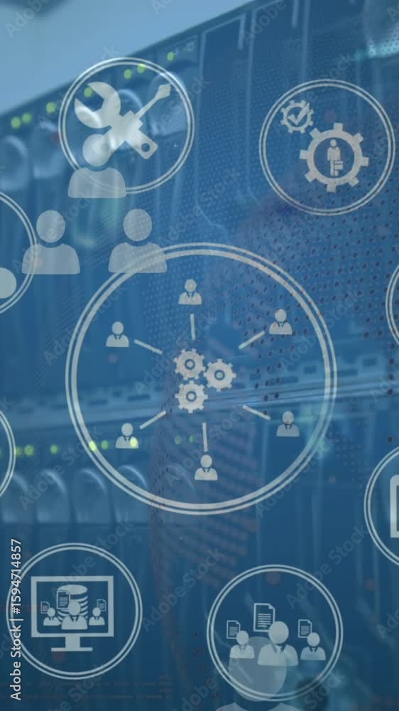 Poster animation of multiple digital icons and profile icons floating against close up of a computer server