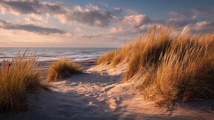 A sandy beach with tall grass dunes and ocean view under cloudy sky