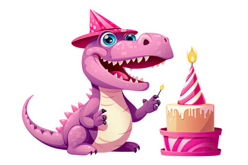 Un petit dinosaure mignon et coloré qui fête son anniversaire sur fond transparent PNG
