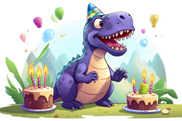 Un petit dinosaure mignon et coloré qui fête son anniversaire sur fond transparent PNG