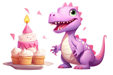 Un petit dinosaure mignon et coloré qui fête son anniversaire sur fond transparent PNG