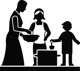 Family Cooking Together in Kitchen silhouette vector art illustration