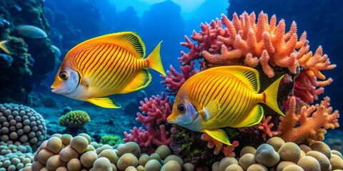Vibrant Reef Inhabitants Two Golden Fish Gracefully Swimming Amidst a Lush Coral Garden