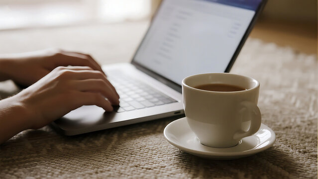 Enjoying a coffee break while working from home on the laptop, showcasing comfort and productivity in a cozy, relaxed environment.