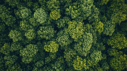 Naklejka premium A dense forest canopy with green and yellow leaves, viewed from above.