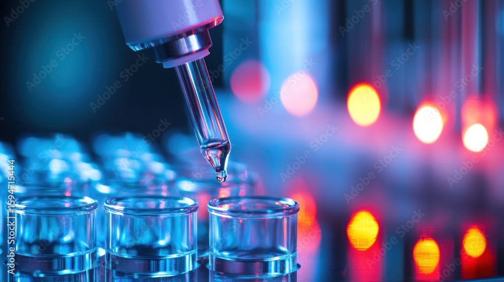 Poster a dropper with a clear liquid is being used to fill test tubes in a laboratory setting.