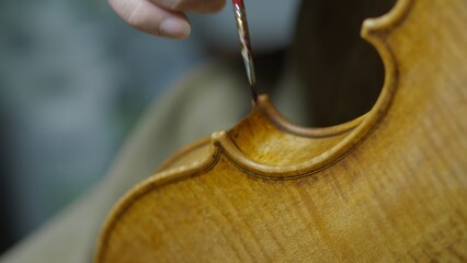 Skilled craftsman meticulously applying varnish to antique a new vviolin, showcasing delicate...