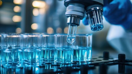 A scientist in a laboratory, using a microscope to examine test tubes filled with blue liquid.