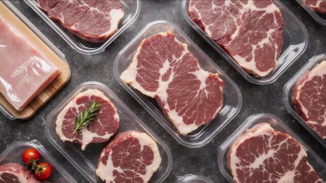 Fresh marbled beef steaks and pork loin in plastic containers