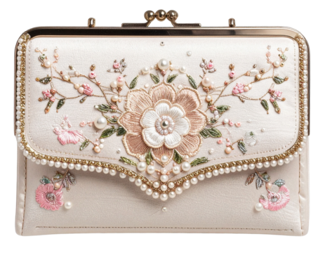 Floral embroidered clutch with beads, isolated on a transparent background - Powered by Adobe