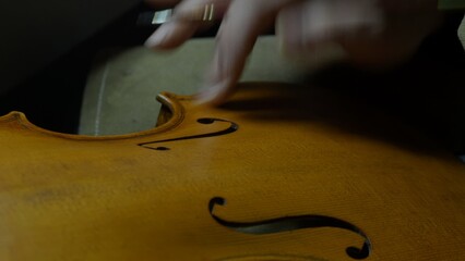Skilled craftsman applying varnish to violin using brush and fingertip, highlighting meticulous...