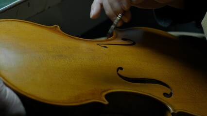 Skilled luthier brushing golden varnish along violin soundboard, carefully layering protective...
