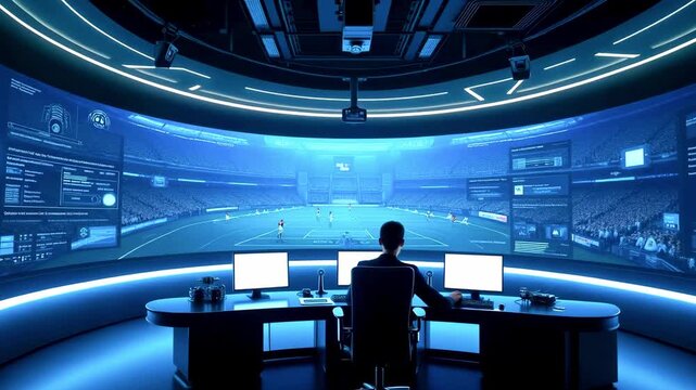 High-tech sports analytics center with a focused analyst monitoring a live football match - Powered by Adobe