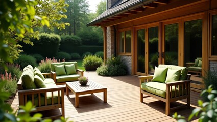 Fototapeta premium Outdoor Patio with Green Cushioned Furniture and Wooden Deck