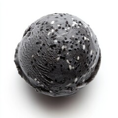 black sesame and coconut ice cream scoop with a soft gray base, visible toasted sesame seeds, smooth creamy texture