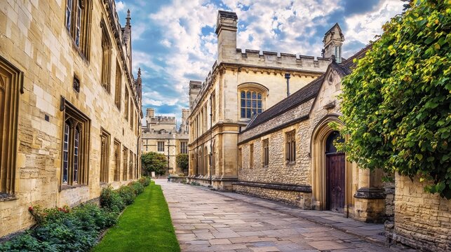 A narrow, stone-paved alleyway with lush greenery and historic architecture, leading to a grand, stone building with a clock tower in the distance. - Powered by Adobe