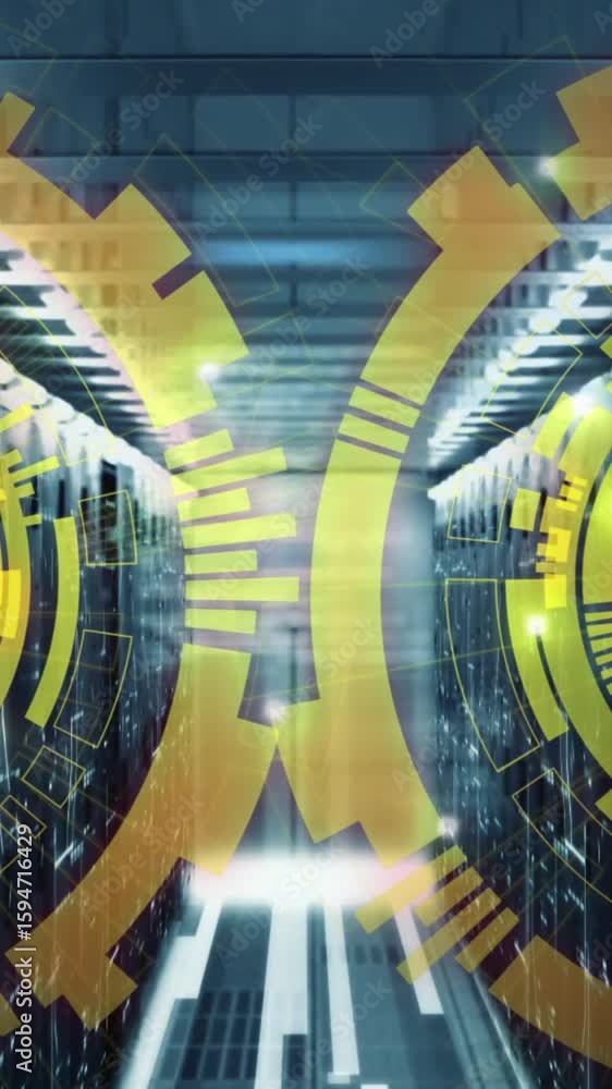 Poster Animation of loading circles over computer language against bars on server room in background