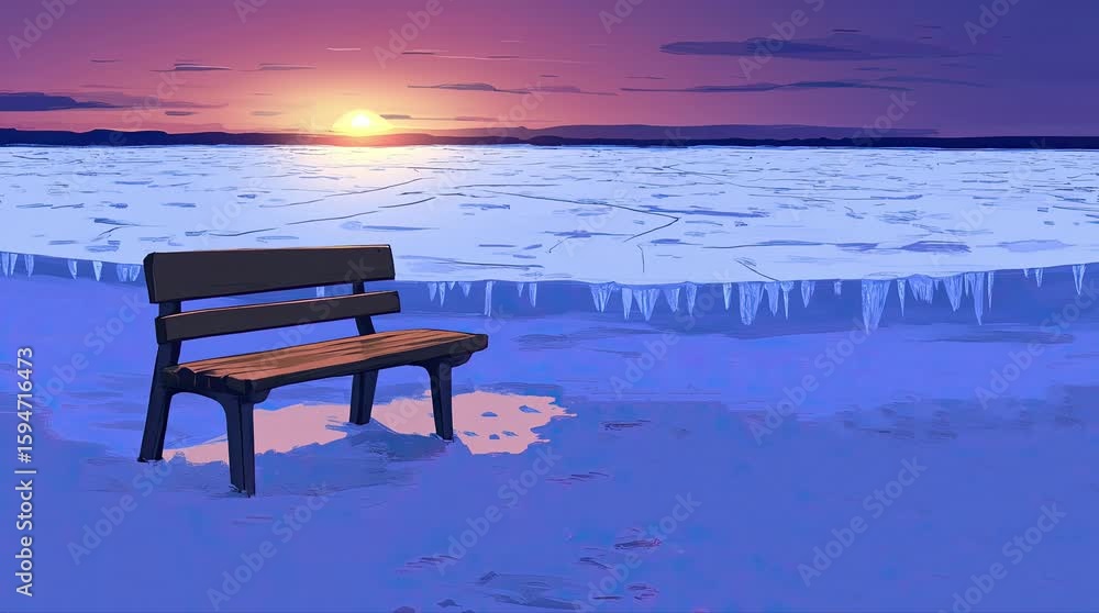 Wall mural a view of a bench with a view of an ice sheet in the evening. 4k animated video