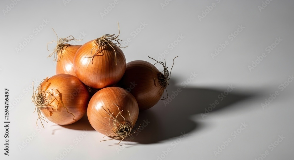 Poster stack of five golden onions casting sharp shadows