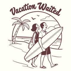 Vintage Beach Couple Illustration – Surfboard & Tropical Vacation Art