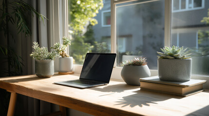 Sunlit Workspace: Laptop, Plants & Natural Light