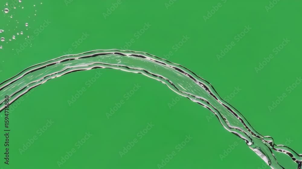 Poster dynamic water splash on green screen: clear liquid wave with droplets in motion for visual effects a