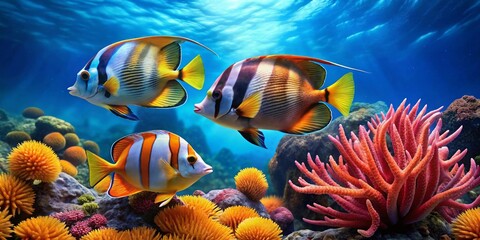 Vibrant Reef Scene Featuring Three Striking Tropical Fish Swimming Amongst Colorful Coral and Anemone
